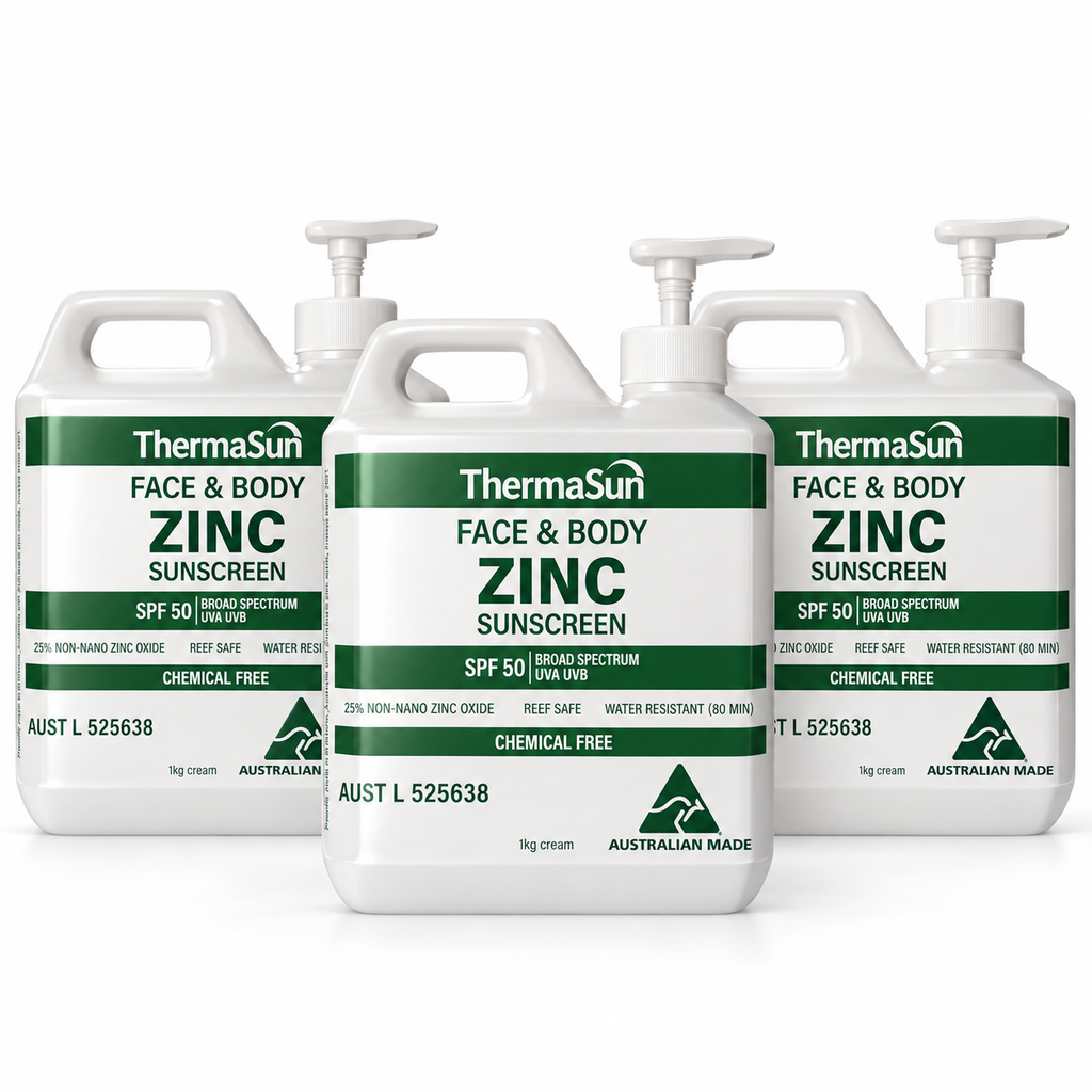 Three 1kg pumps of ThermaSun Face & Body Zinc Sunscreen SPF50 on a white background