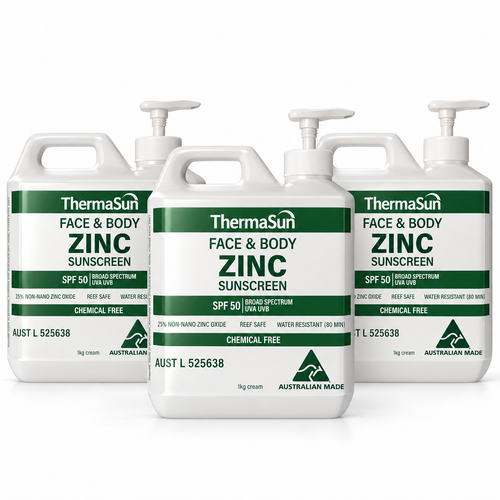 Three 1kg pumps of ThermaSun Face & Body Zinc Sunscreen SPF50 on a white background