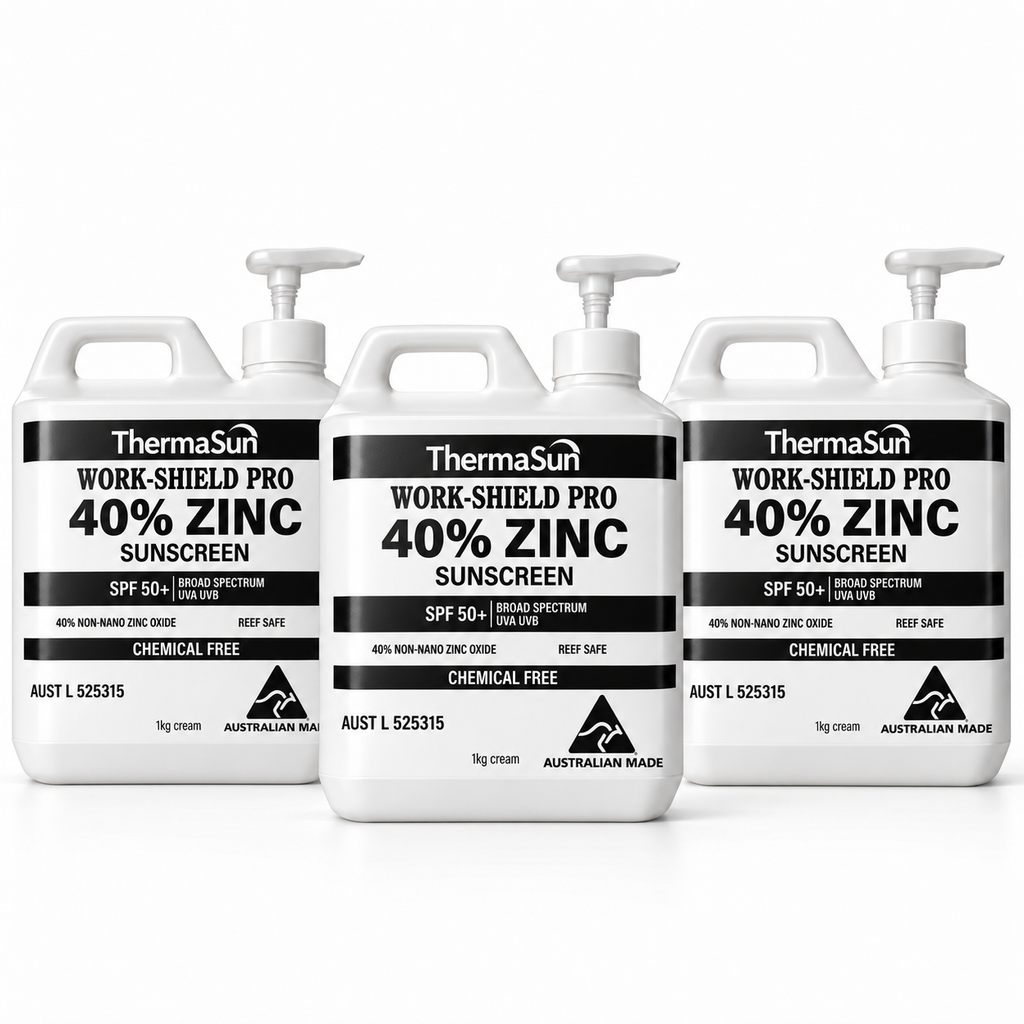 Three 1kg pumps of ThermaSun Work-Shield Pro 40% Zinc Sunscreen SPF50+ on a white background