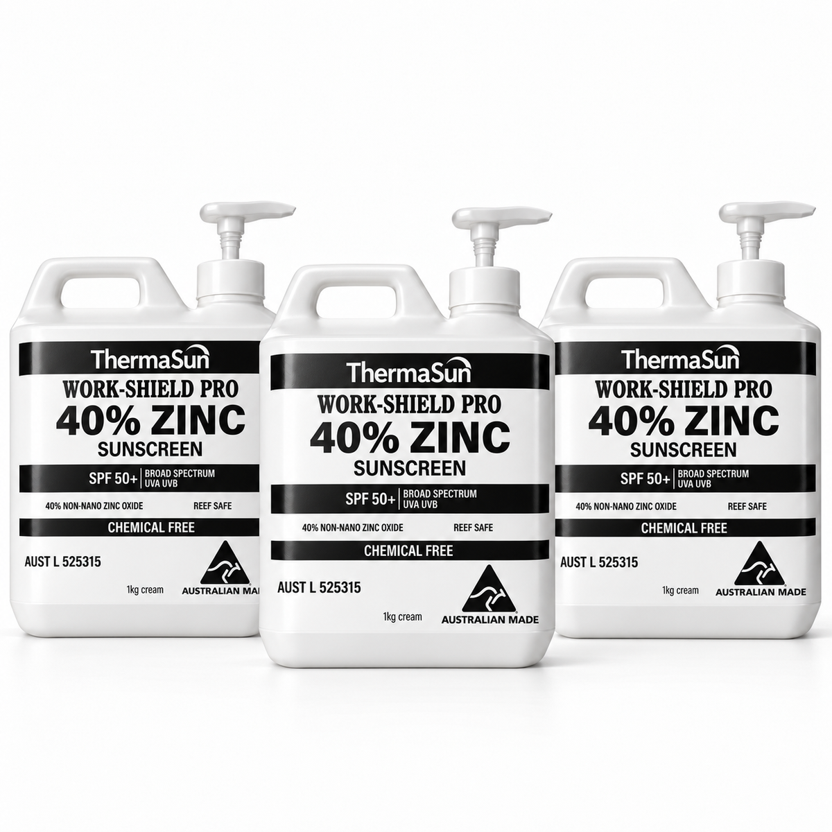 Three 1kg pumps of ThermaSun Work-Shield Pro 40% Zinc Sunscreen SPF50+ on a white background
