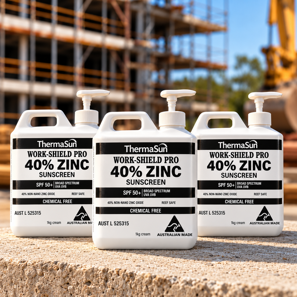 Three 1kg pumps of ThermaSun Work-Shield Pro 40% Zinc Sunscreen SPF50+ on a construction site